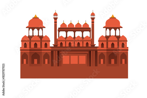 Ornate red Indian palace illustration with symmetrical domes, towers, and golden finials.