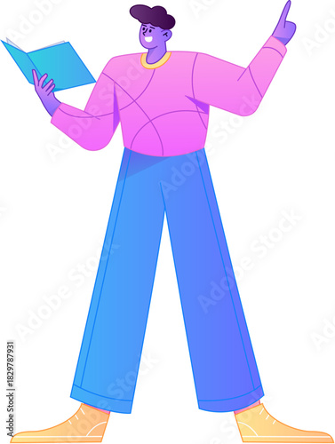Vector flat gradient illustration of a character reading a book.
