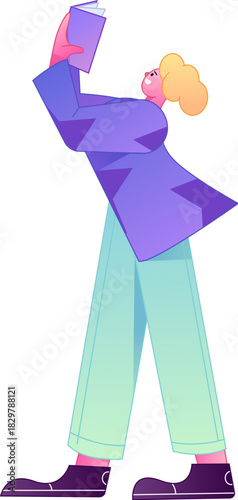 Vector flat gradient illustration of a character reading a book.
