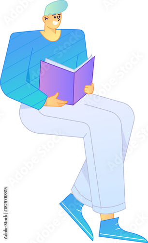 Vector flat gradient illustration of a character reading a book.
