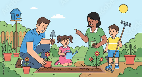 Family Gardening Together: Planting Flowers in a Sunny Garden Scene