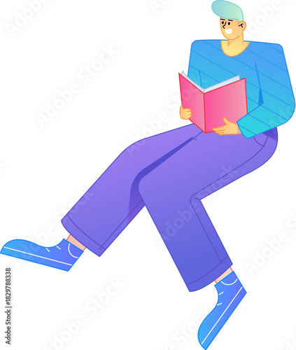 Vector flat gradient illustration of a character reading a book.
