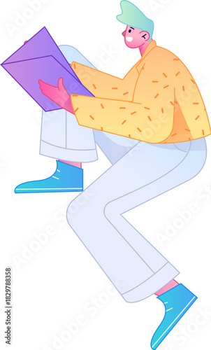 Vector flat gradient illustration of a character reading a book.
