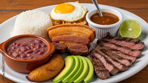 Hearty colombian bandeja paisa meal with steak, pork, and beans