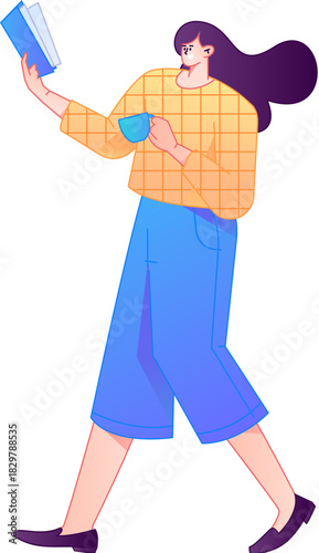 Vector flat gradient illustration of a character reading a book.
