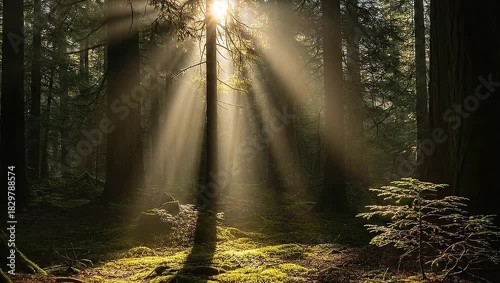 Sunlight streams through the trees in a lush forest
