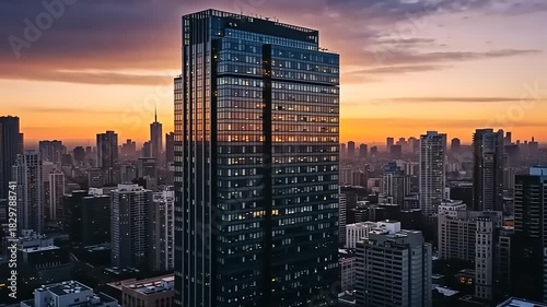 Sunset over a modern city skyline with buildings shining