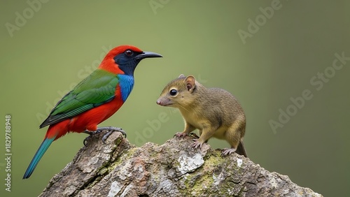 Colorful bird and small mammal on rocky perch, interacting in nature