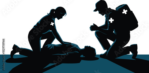 Medical emergency scene showing two individuals performing CPR on a patient