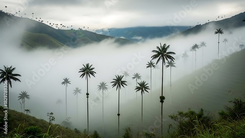 Tall wax palm trees emerging from a misty, foggy valley landscape