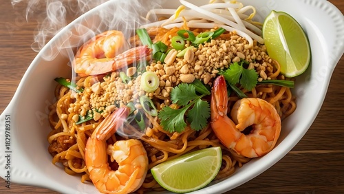 Steaming pad thai with shrimp and lime served in white bowl 60 chars