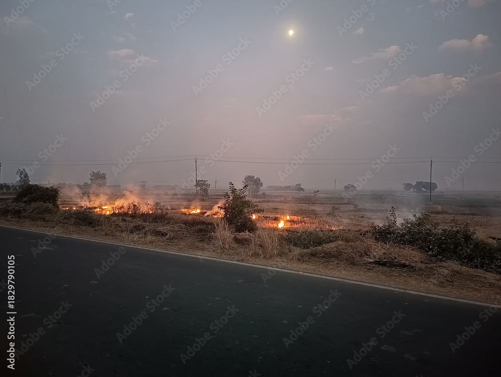 Fototapeta premium Agricultural Burning in a Hazy Rural Landscape at Dusk