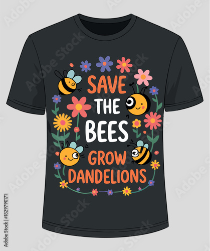 Save the bees grow dandelions T-shirt design vector illustration