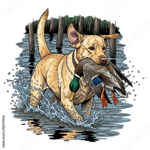 Yellow Lab running through water with a retrieved mallard duck in its mouth making a splash