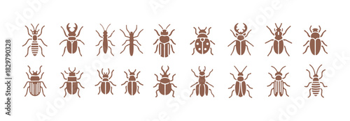 A solid icon collection of insects, featuring bugs, beetles, and termites. These insect silhouettes are designed as glyph-style symbols for web and app use. Vector graphics set