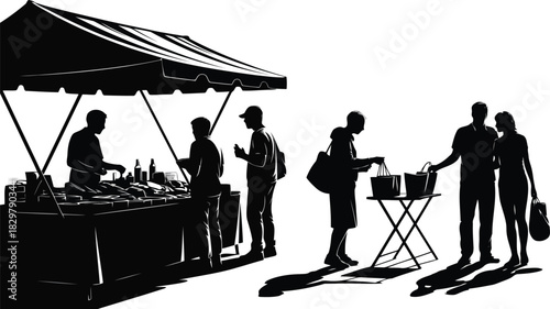 People enjoy an outdoor market experience under a striped canopy selling various goods