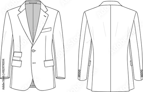 Classic men’s tailored blazer fashion template with front and back views, detailed vector garment illustration for apparel design layout