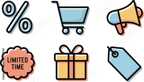 Promotional flat icons for shopping, deals, and limited time announcements on white