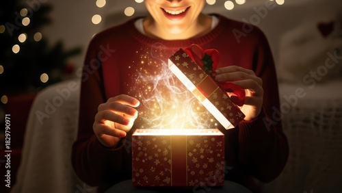 A person opening a gift box with glowing light for a magical Christmas effect.
