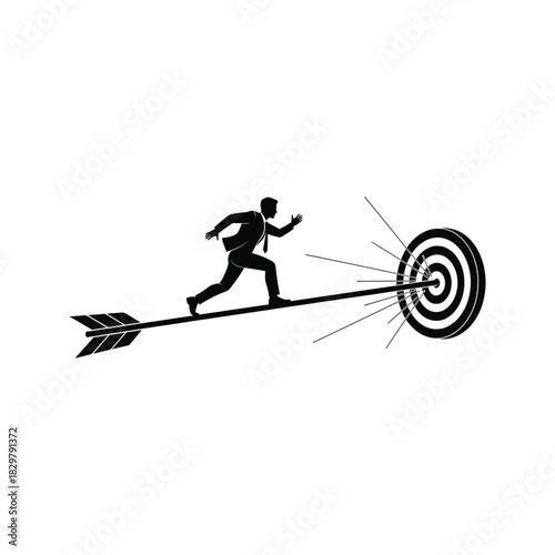 Businessman riding an arrow towards a target symbolizing success and achievement in business