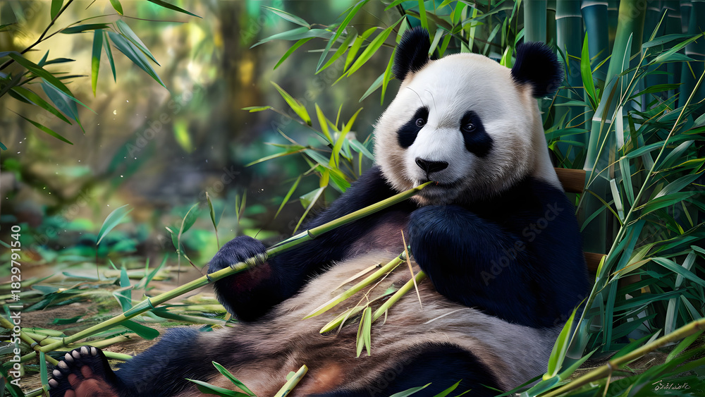Fototapeta premium Giant panda bear sitting in a lush green bamboo forest eating bamboo stalks