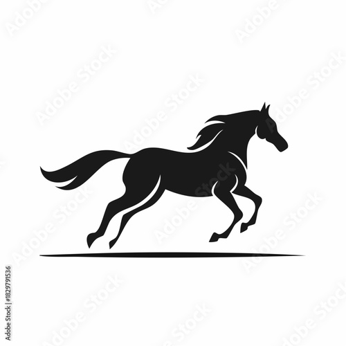 Elegant black silhouette of a galloping horse against a clean white backdrop