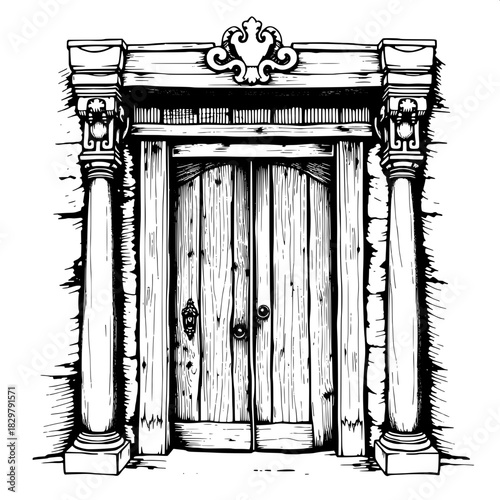 Woodcut-style black-and-white drawing of an aged wooden door framed by carved pillars and topped with a decorative arch. Rich hatching and cross-hatching reveal deep wood grain and symmetrical archite