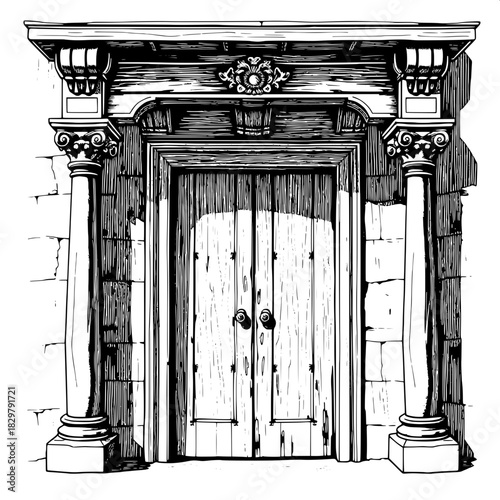 Woodcut-style black-and-white drawing of an aged wooden door framed by carved pillars and topped with a decorative arch. Rich hatching and cross-hatching reveal deep wood grain and symmetrical archite