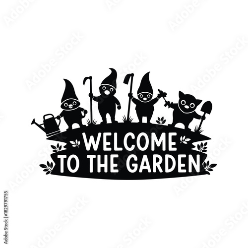 Charming silhouette of garden gnomes and a cat holding tools welcoming visitors to the garden