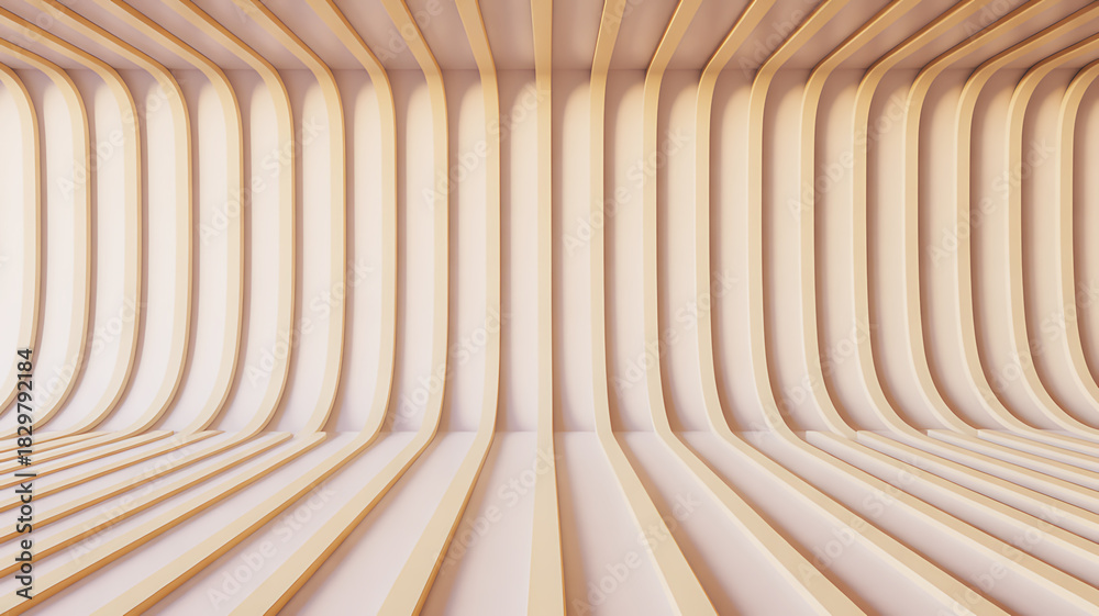 Fototapeta premium Modern architectural studio background design with curved beige paneling texture