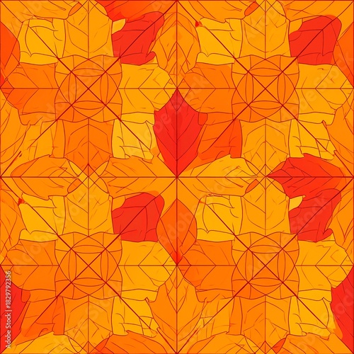 A vibrant seam pattern featuring an array of orange and red leaves, intricately arranged to create a warm, autumnal aesthetic perfect for textiles.