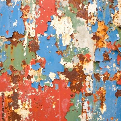 A weathered, rusted wall showcases layers of peeling paint, revealing hints of red, white, and blue beneath, evoking a sense of vintage charm and history.