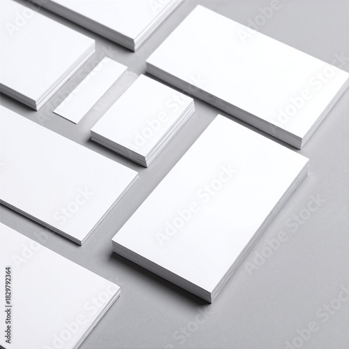 A neatly arranged set of elegant white business cards lies on a textured grey background, showcasing their clean design and professional appeal.