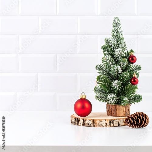 A charming small Christmas tree adorned with vibrant red ornaments and natural pine cones, creating a festive and cozy holiday atmosphere.