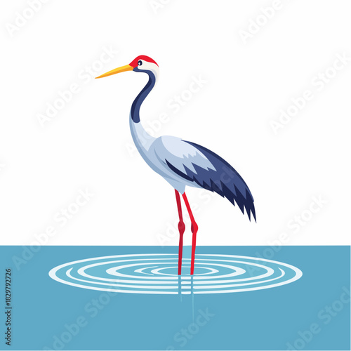 Elegant Red-Crowned Crane Standing Calmly in Rippling Water Illustration