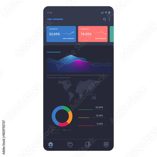 Dark mode business analytics dashboard interface for mobile application colorful charts black background financial statistics or data monitoring system