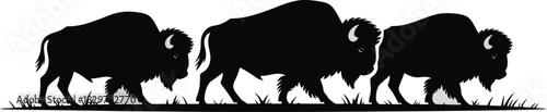 Three strong American bison silhouettes are walking across a grassy plain on a clear white background