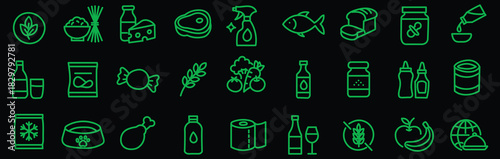 Grocery food and product categories line icon set with items like fruits, meat, pasta and beverages. Vector illustration pictograms of snacks, candy, sauces, cereal, grains, wine, editable stroke.