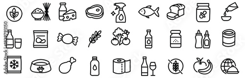Grocery food and product categories line icon set with items like fruits, meat, pasta and beverages. Vector illustration pictograms of snacks, candy, sauces, cereal, grains, wine, editable stroke.