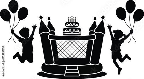 Silhouettes of children jumping with balloons at a party with an inflatable bounce house and cake