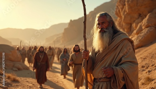 Moses guides people through desert wilderness. Followers in robes walk behind leader with his staff under warm sun. Dry landscape, rocky hills, and long shadows extend ahead.