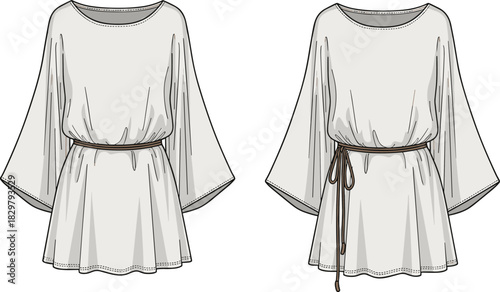 Elegant long sleeve tunic dress fashion template with belted variations, detailed vector garment illustration for apparel design layout