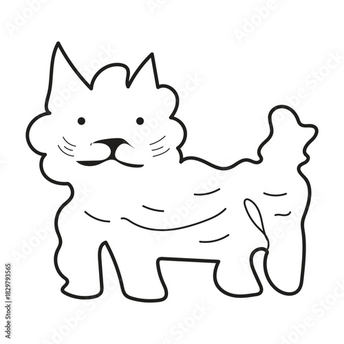 Simple hand drawn outline of a fluffy cat standing with a bushy tail