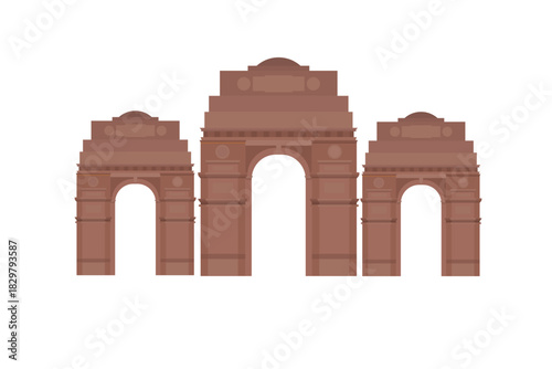 Flat vector illustration of the iconic India Gate monument with its distinctive brown sandstone arches.
