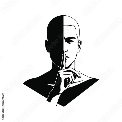 Man with finger on lips in a gesture of silence and secrecy half face in shadow