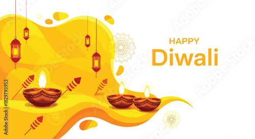 Happy Diwali festival background with beautiful illuminated oil lamps, lanterns, and firecrackers on an abstract yellow and orange wave.