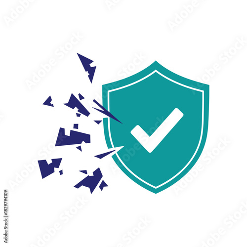 Green shield with checkmark shatters, symbolizing vulnerability despite security measures in modern digital age, highlighting potential risks and need for constant vigilance.