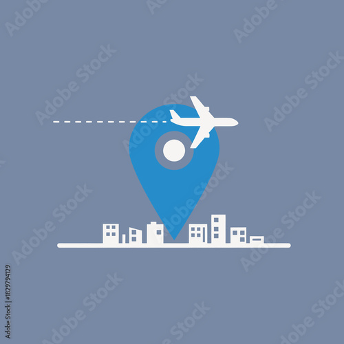 Airplane flies over city skyline towards location pin, symbolizing travel destination and navigation in modern transportation system.
