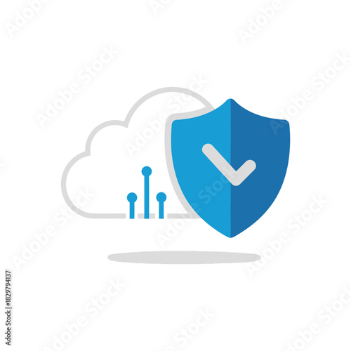 Blue shield protects data in cloud computing environment, ensuring security and privacy with a modern, clean aesthetic.