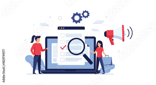 Online survey and market research concept with people analyzing a questionnaire on a laptop, using a magnifying glass and megaphone.